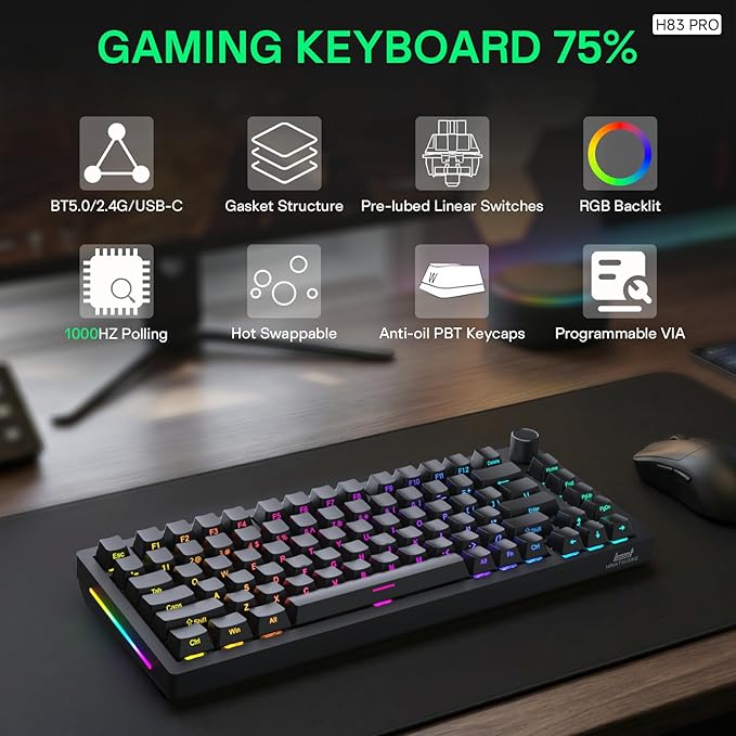 HINATSUSIKE H83 Pro 75 Percent Wireless Mechanical Keyboard for Gaming, Hot-Swappable with Knob, RGB Backlit, Pre-Lubed Cardamom Linear Switches, Side-Printed PBT Keycaps, 2.4G/BT5.0/USB-C Black