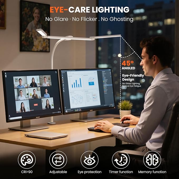 LiFMIRA LED Desk Lamp for Office Home, Adjustable 3 Head Computer Monitor Light with Clamp, Eye Caring Clip on Desk Light Stepless Dimming Architect Desk Lamp for Reading Study Workbench White