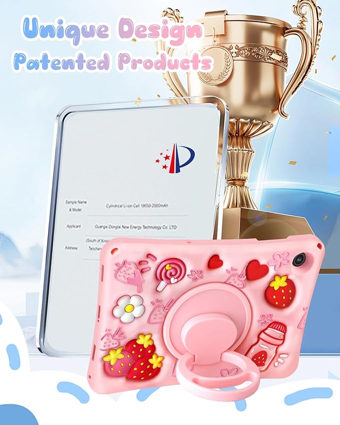Boaretiu for Samsung Galaxy Tab A9+ Case - Soft Silicone Case with Shoulder Strap & Rotating Stand Strawberry Cute Cartoon 3D Kawaii for Girls Girly Kids Teens for Samsung A9 Plus Tablet 11 inch 2023