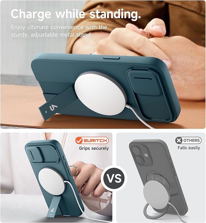 SURITCH for iPhone 17e/16e Case with Magnetic Camera Slide Cover and Adjustable Kickstand, Compatible with MagSafe, Shockproof Bumper Case Slim Protective Cover 6.1 Inch,Lake Green