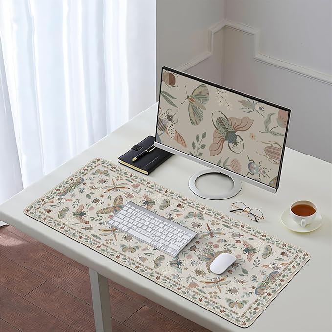 HAOCOO Desk Matt for Desktop,Cute Mouse Pad, Floral Desk Pad, Large Mouse Pad with Non-Slip Base, Waterproof Computer Mouse Mat for Gaming, Keyboard Mat for Women Office Decor(Beige)