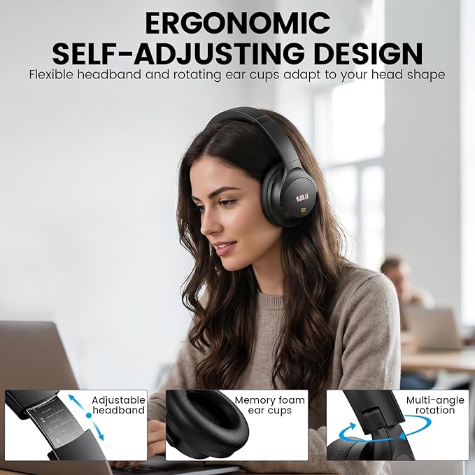 1Mii Y8 Active Noise Cancelling Headphones, Bluetooth 6.0 Headphones Wireless Over Ear, Hi-Res 75H Playtime, Volume Control, AI Voice Chat, Custom EQ via APP Comfort for Airplane & Home Office - Black