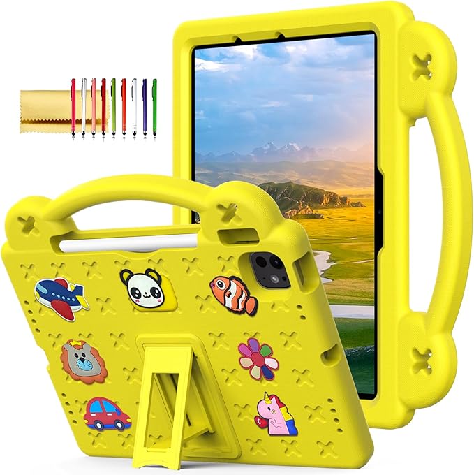 Dteck for iPad Air 6th Gen 11 Inch, iPad Pro 11 Inch 5th Gen Case: Cartoon Panda Shockproof Rugged Lightweight Convertible Stand Kids Friendly Tablet Case with Handles, Yellow