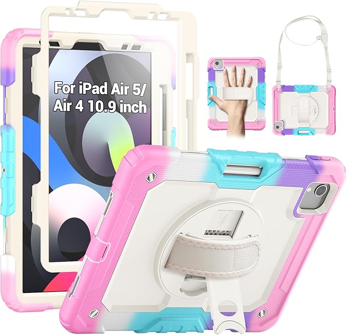 SEYMAC Case for iPad Air 5th/ 4th Generation 10.9", Full-Body Shockproof Protective Case with Screen Protector, Rotating Stand/Handle/Shoulder Strap/Pencil Holder for iPad Air 5/ Air 4, Colorful/Pink