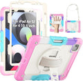 SEYMAC Case for iPad Air 5th/ 4th Generation 10.9", Full-Body Shockproof Protective Case with Screen Protector, Rotating Stand/Handle/Shoulder Strap/Pencil Holder for iPad Air 5/ Air 4, Colorful/Pink