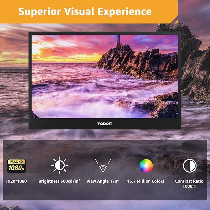 Yodoit Portable Monitor for Laptop 1920×1080 17.3" FHD Screen IPS Display with USB Type C Port, Built-in Speakers and Smart Cover Compatible with PC, MacBook, Xbox (Black)