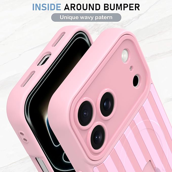 KANGHAR Compatible with iPhone 17 Pro Max Case, Support for MagSafe, Silicone Stripes Cute Pattern, Wristband Kickstand Camera Protection Soft Slim Cover for Girls Women -Pink