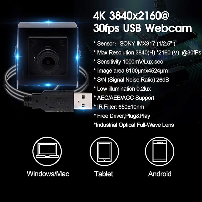 4K Video Surveillance USB Camera 2160P Webcam with Microphone IMX317 Sensor Webcamera for Industrial, 30fps USB Webcam with Mini Case Mini Camera for Video Conference Live Streaming