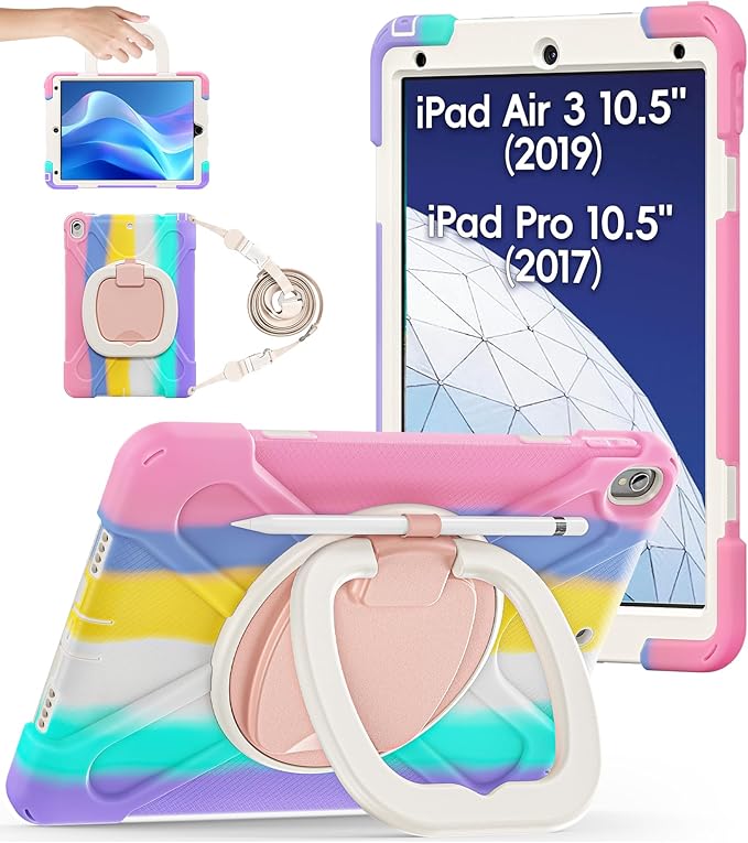 BATYUE iPad Air 3rd Generation Case 2019 Release, iPad Pro 10.5 Case 2017 Released; Rugged Heavy Duty Protective Cover with Pencil Holder, 360° Swivel Stand, Shoulder Strap; for Kids (Colourful Pink)