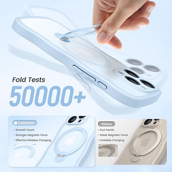 CAPRARO for iPhone 14 Pro Max Case with 360° Spin Magnetic Stand for Women, [Compatible with MagSafe] [Full Camera Protection] Cute Wave Translucent Matte Case for iPhone 14 Pro Max, Light Blue