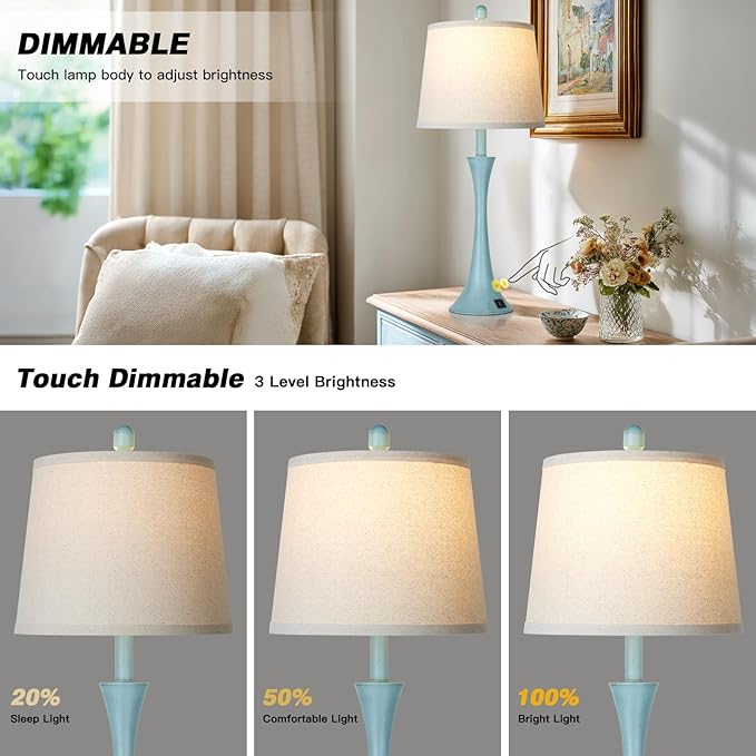 Rinweey Blue Metal Table Lamp Set of 2 with USB C+A Ports, Bedside Lamp, Modern Bedroom Lamps, Coastal Lamp for Night Stands Bedroom Living Room,Nightstand Lamp LED Bulbs Included