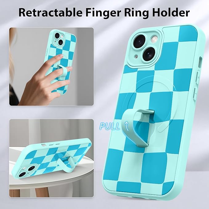 KANGHAR Compatible with iPhone 15 Case, Support for MagSafe, Silicone Checkered Cute Pattern, Wristband Kickstand Camera Protection Soft Slim Cover for Girls Women -Blue