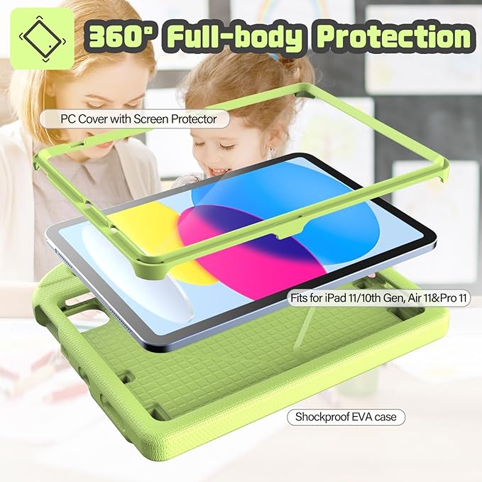 YIHE Kids Case for iPad (A16) 11th Generation 11 Inch 2025 & iPad 10th Generation 10.9 inch 2022, with Built-in Screen Protector and Stable Stand, Full Body Shockproof Protective Cover - Light Green