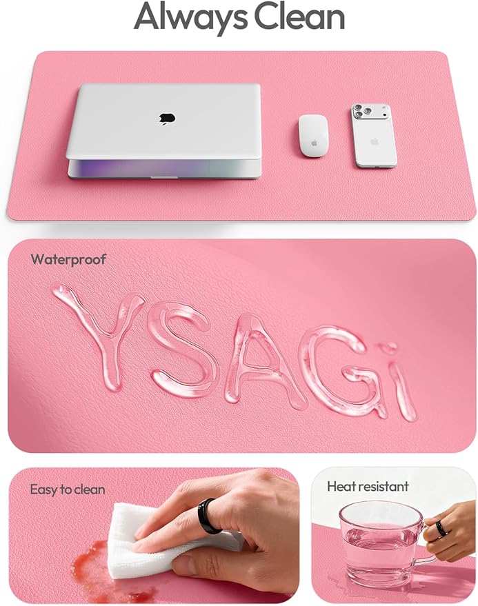 YSAGi Leather Desk Pad Protector, Office Desk Mat, Large Mouse Pad, Non-Slip PU Leather Desk Blotter, Laptop Desk Pad, Waterproof Desk Writing Pad for Office and Home (Pink, 55" x 24")