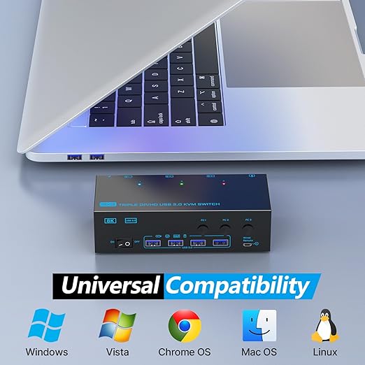 KVM Switch 3 Monitors 3 Computers, ANXQQ 8K@60Hz 4K@144Hz Triple Monitor KVM, HDMI + Displayport KVM Switch with 4 USB 3.0 Ports, 3 Monitor KVM with Power Adapter and Wired Remote
