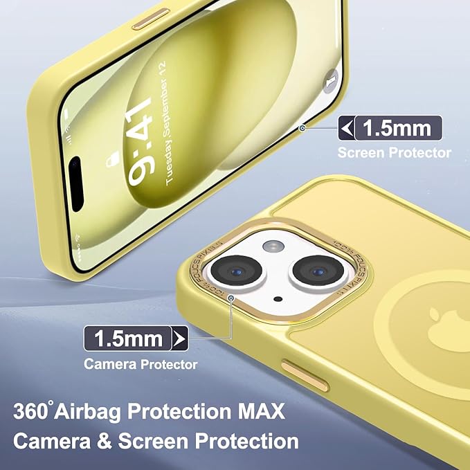 Newfuture Magnetic for iPhone 15 Case [Compatible with Magsafe] [Military Grade Drop Protection] Translucent Matte Anti-Fingerprint Shockproof Phone Case for iPhone 15 6.1 inch, Yellow