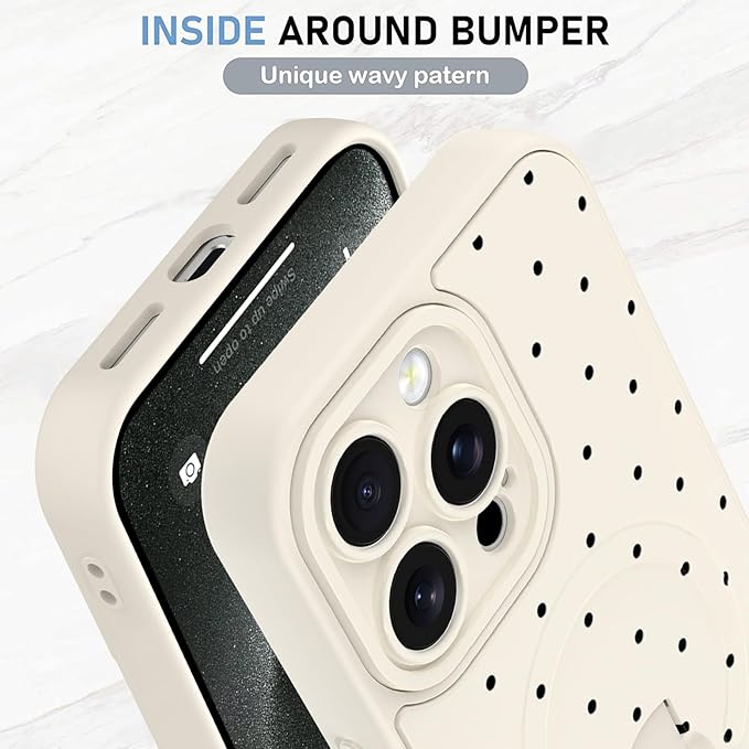 KANGHAR Compatible with iPhone 15 Pro Max Case, Support for MagSafe, Silicone Spot Cute Pattern, Wristband Kickstand Camera Protection Soft Slim Cover for Girls Women -White
