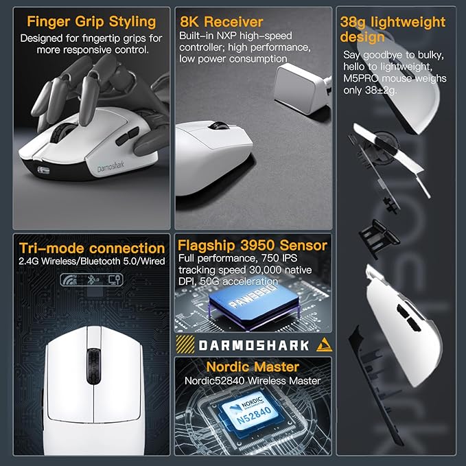 Darmoshark M5PRO Mini Wireless Gaming Mouse,Tri-Mode 8K/Bluetooth Mouse Up to 30000DPI,PAW3950 Optical Sensor Lightweight 38g,5 programmable Button,Computer Mouse for Laptop,PC,Mac-W