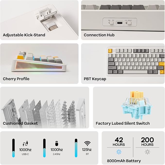 EPOMAKER TH80 V2 75% Wireless Mechanical Keyboard with Metal Knob, 8000mAh, 2.4Ghz/BT/USB-C, RGB, Hot Swap, Custom Driver, PBT Keycap, Wireless Gaming Keyboard for PC/Mac (White, Sea Salt Silent)