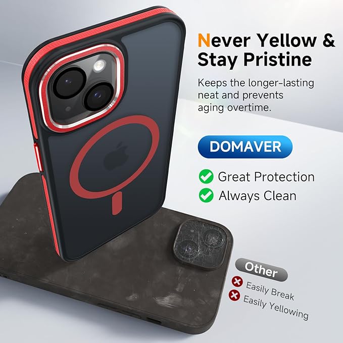 DOMAVER Magnetic 3 in 1 for iPhone 15 Case, [Omni-Directional Protection] with 1x Screen Protector + 1x Camera Cover, [Seamless Work with Magsafe] Protective Silm Case for iPhone 15 Red