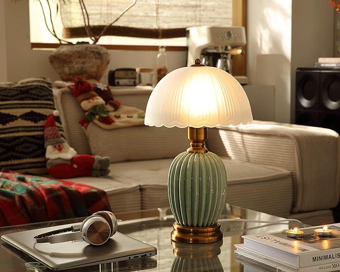 Glivpny Vintage Table Lamp for Living Room,16" Mid Century Modern Ceramic Lamps for Bedroom,Retro Bedside Nightstand Mushroom Glass Lamps, Classic Chinoiserie Green Lamp for Home Decor (LD003)