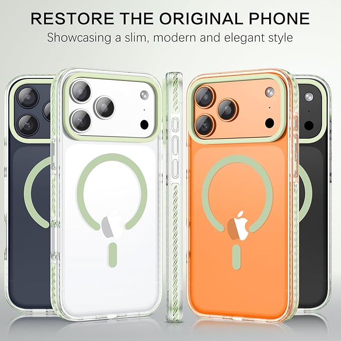 BENTOBEN Magnetic for iPhone 17 Pro Case 6.3", Compatible with Magsafe Military Shockproof Protective Bumper Cute Transparent Slim Anti-Yellowing Phone Case for iPhone 17 Pro Cover, Clear Light Green