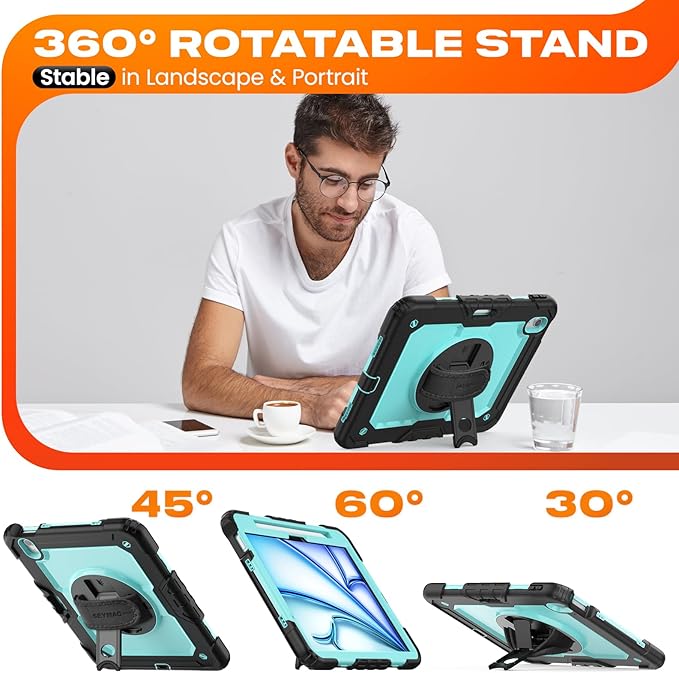 SEYMAC stock Case for iPad Air 11-inch M4-M2 2026-2024 (Gen 8-6), Shockproof Heavy Duty Case with Screen Protector, Pencil Holder, Rotating Stand, Hand Strap, Shoulder Strap, SkyBlue