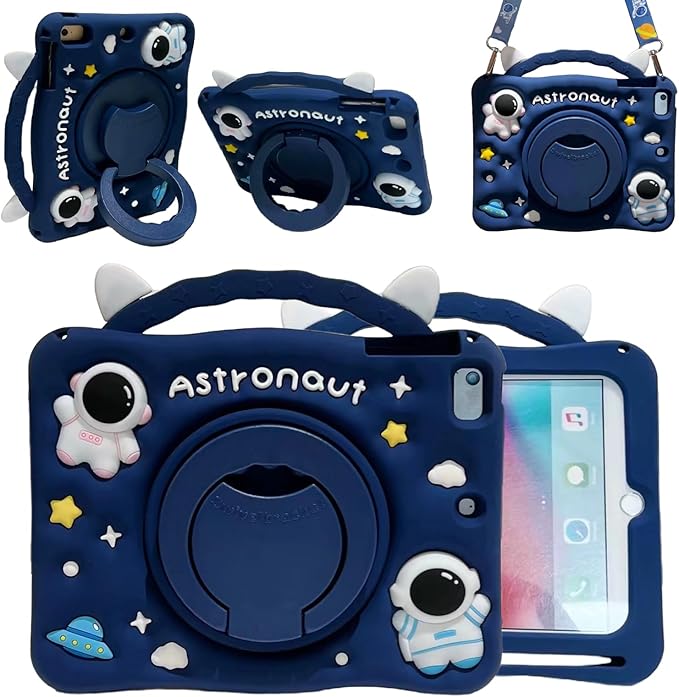 3D Cute Press Astronaut Case for iPad Pro 11 inch/Air 5th 2022/Air 4th 2020 10.9 inch,Kawaii Cartoon Character Space Soft Silicone Rotating Stand Case with Lanyard for Kids Teens Girls Women