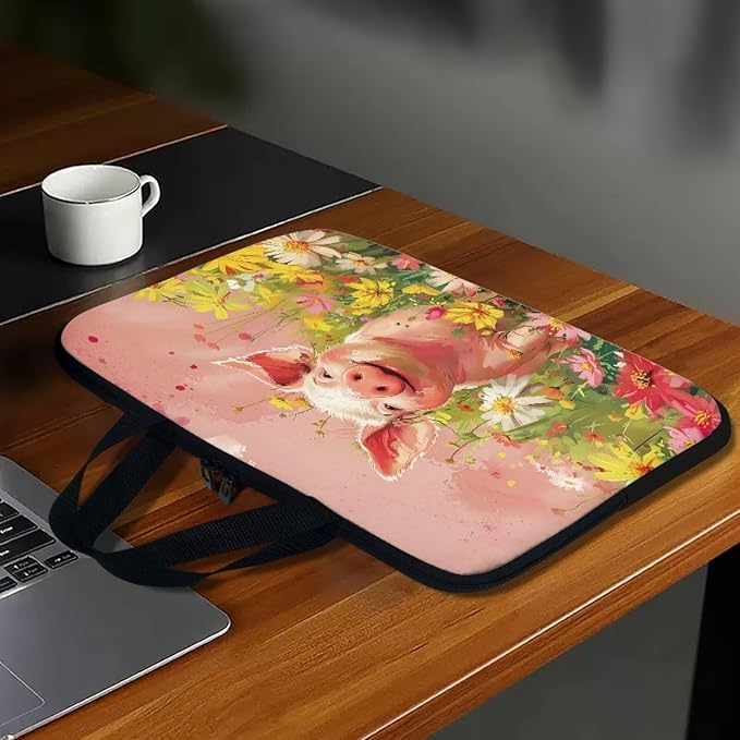 Pink Pig Floral 10 Inch Laptop Sleeve, Cute Computer Bag Tablet Carrying Case Laptop Cover Tote Bags Notebook Sleeves Handbag Messenger Briefcase for Travel/Work/School