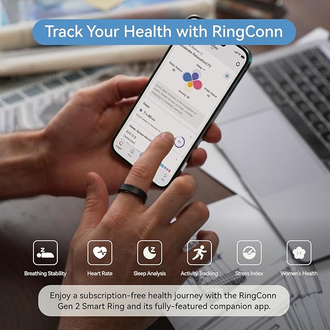 RingConn Gen 2, World’s First Smart Ring with Sleep Apnea Monitoring, No APP Subscription, 12-Day Battery Life, Stress/Heart Rate/Women's Health Tracker, Android & iOS Compatible (Black, Size 7)