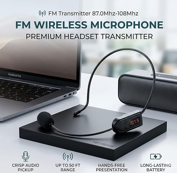 Wireless FM Condenser Microphone Headset, Hands-Free with Rechargeable Battery, Megaphone Mic for Voice Amplifier, Church, Tour Guide Salesman Teachers Conference Road Trips and Karaoke