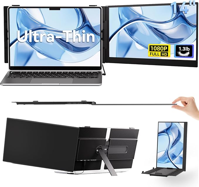14" Laptop Screen Extender, Ultra-Thin Ligthweight FHD 1080P IPS Portable Monitor, Travel Screen for Laptops 13-17.3" USB-C/HDMI Plug and Play for Windows/Mac/Android/PS5