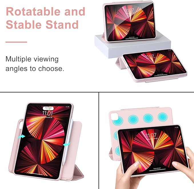 ZENLU iPad Pro 11" M4 M5 Case with Removable Magnetic Folio Cover, Premium PU Leather, Multiple Angles Stand, Pencil Slot Charging Support, Full Protective Case for iPad Pro 11" 2025 2024 (Pink)