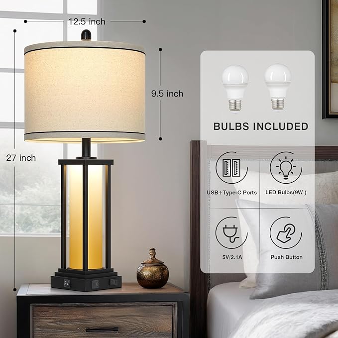 27in Tall Farmhouse Table Lamp Set of 2 with USB C+A & Outlet,Orange Industrial End Table Lamp for Living Room,Vintage Rustic Bedside Lamps with Night Light for Bedroom Nightstand
