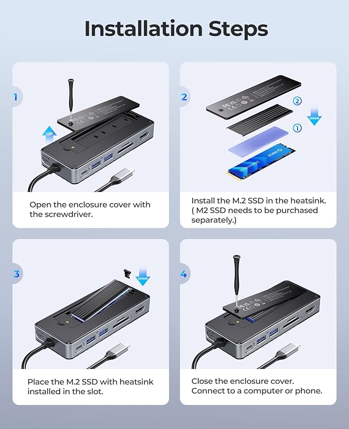ORICO USB-C Hub with M.2 SSD Enclosure, 8-in-1 USB C Docking Station Fits M.2 NVMe/SATA SSD, 10Gbps, 4K@60Hz HDMI, 100W PD, SD/TF Card Reader