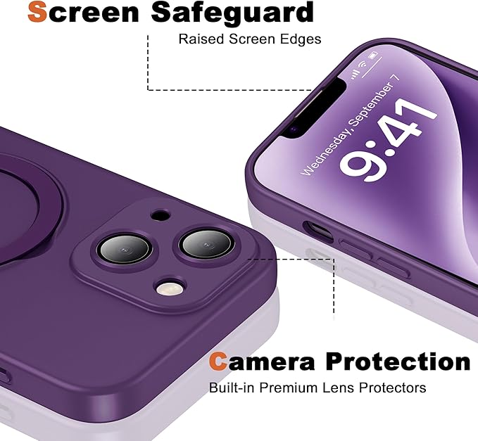 Compatible with iPhone 14 Case with Magnetic Ring Stand [Compatible with Mag-Safe] [Full Camera Lens Protector] Soft Plating Phone Case for iPhone 14 6.1", Solid Purple
