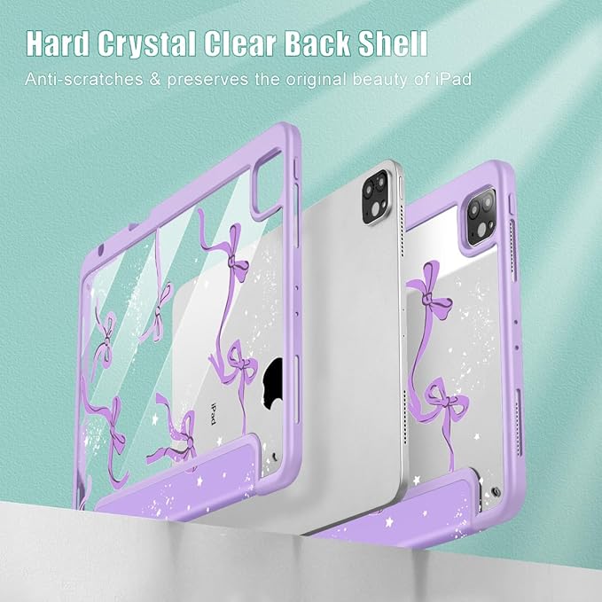 Tuiklol for iPad Pro 12.9 Inch 6th/5th/4th/3rd Generation 2022 2021 2020 2018 Case,Built-in Pencil Holder Clear Transparent Protective Back Shell Cover with Auto Sleep/Wake, Bow-Purple