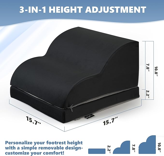 Removable & Washable Foot Rest for Under Desk, 2-Tier Adjustable Foot Stool for Office and Home, Ergonomic Footrest for Seating Comfort at Work/Study (Machine Washable Cover-Black)
