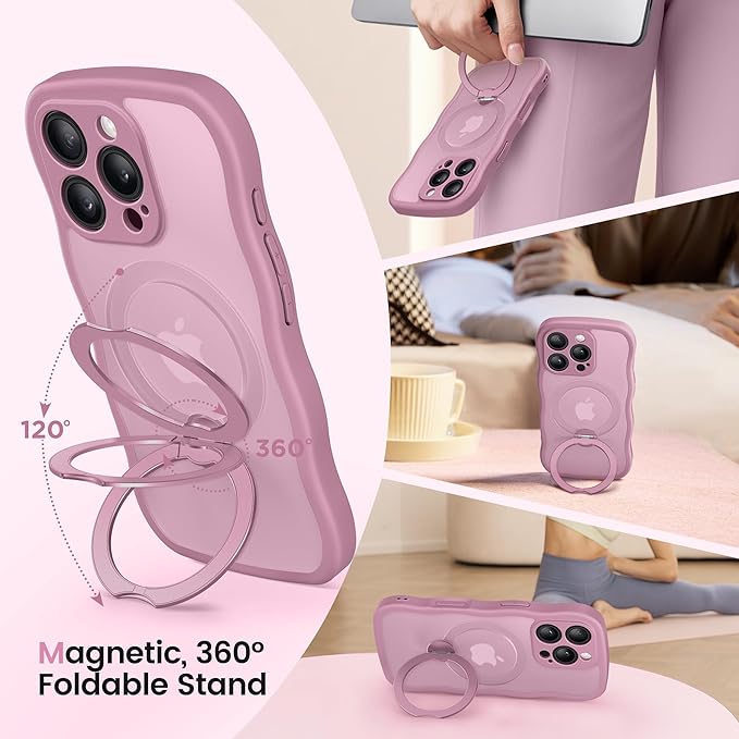 CAPRARO for iPhone 16 Pro Case with 360° Spin Magnetic Stand for Women, [Compatible with MagSafe] [Full Camera Protection] Cute Wave Translucent Matte Case for iPhone 16 Pro, Black Currant