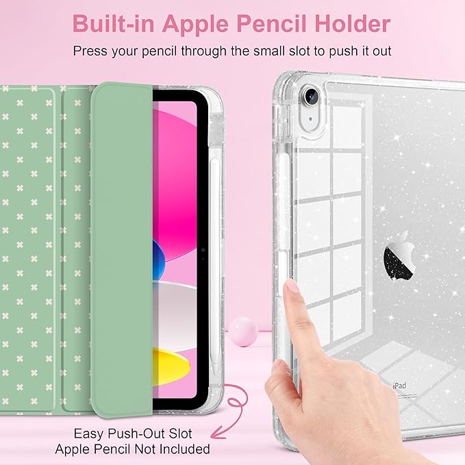 DONGKE for iPad Pro 11 inch Case – Fits M5 2025 / M4 2024, Shockproof Sparkling Glitter Acrylic Back, Pencil Holder, Trifold Stand, Auto Sleep/Wake & Touch ID Support - Green Cross Dot