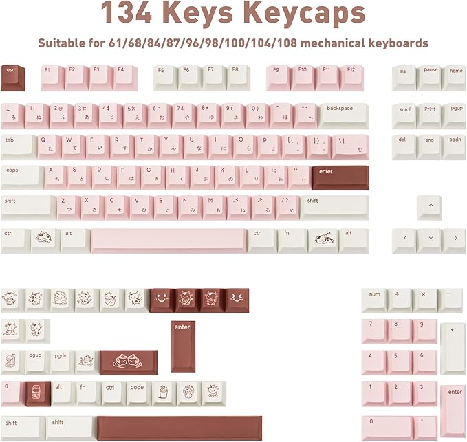 Milk Strawberry Cute Pink Keycaps, 134 Keys PBT Dye-Sublimation Keycaps, Cherry Profile Japanese Keycap, Compatible with 60% 65% 75% 80% 100% Mechanical Keyboard