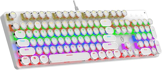 Typewriter Mechanical Gaming Keyboard with RGB Backlit Red Switches, 104 Keys Retro Round Keycap, Wired Typewriter Style Comfortable Typing Soud (L-White)