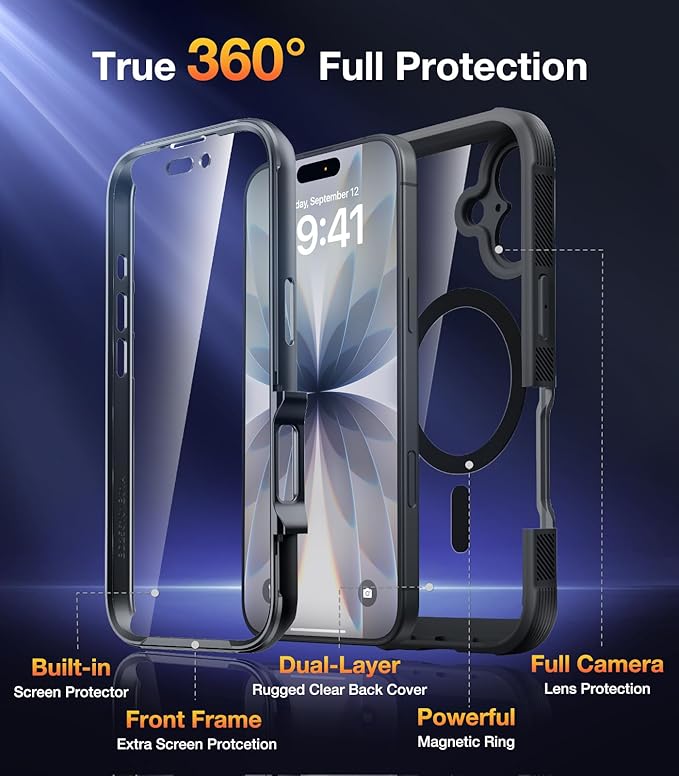 Diaclara for iPhone 17 Case 6.3'', Full-Body Military Grade Drop Protection Outdoor Phone case with Built-in Screen Protector, Easy Installation,No Gap,Compatible with MagSafe, Black