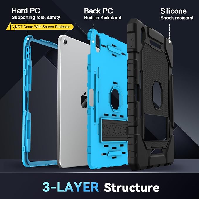 Grifobes for iPad A16 Case 11th Generation 11 inch 2025 / iPad 10th Generation Case 10.9 inch 2022, Heavy Duty Military Grade Shockproof Cover with Pencil Holder for i Pad 11/10 (Black+SkyBlue)