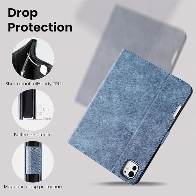 Handmade Case for iPad Pro 13 Inch (M5/M4) 2025/2024 with Pencil Holder Pocket,Magnetic Closure,Auto Sleep/Wake,Vegan Leather Folio Protective Cover,Multi Angles Stand,Light Blue