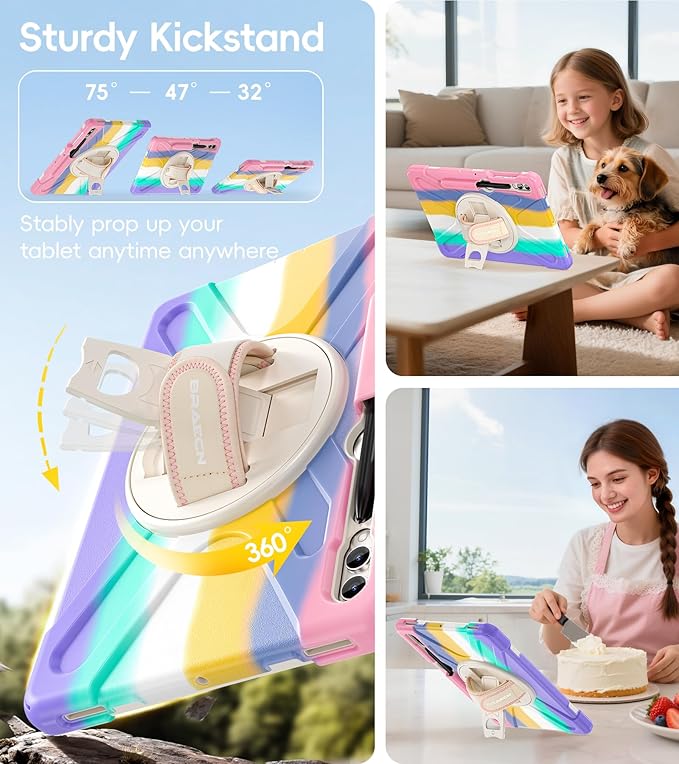 BRAECN for Samsung Galaxy Tab S10+ Plus/S9+/S9 FE + /S8+ Plus/S7 +Plus /S7 FE 12.4 Inch,Heavy Duty Shockproof Case with S Pen Holder&360 Rotating Hand Strap/Kickstand/Shoulder Strap -Rainbow