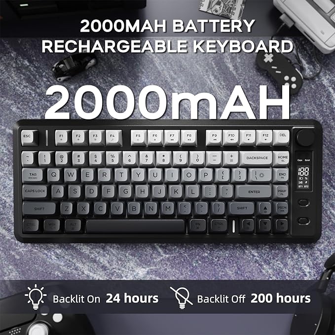 FREEWOLF M75 Wireless Mechanical Feel Gaming Keyboard Bluetooth/2.4Ghz Membrane with Knob & OLED Display Rainbow Backlit Gradient PBT Keycaps 2000mAH Battery Anti-Ghosting-Moonnight