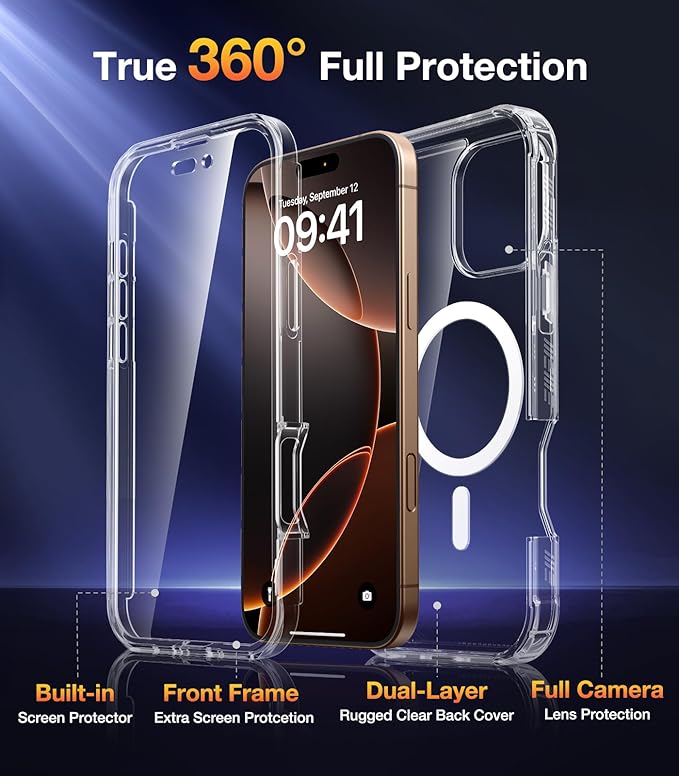 Diaclara Magnetic Designed for iPhone 16 Pro Max Case, Full Body Rugged with Touch Sensitive Anti-Scratch Screen Protector, Compatible with MagSafe, Soft Bumper Case for iPhone 16 Pro Max 6.9'', Clear