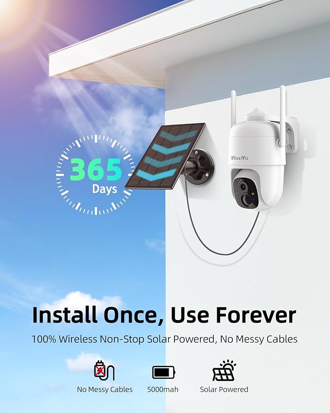MaxiViz Solar Security Camera Wireless Outdoor, 360° View Qutdoor Cameras for Home Security with AI Motion Detection, 2K Color Night Vision, Two-Way Talk, IP66 Weatherproof, SD/Cloud Storage
