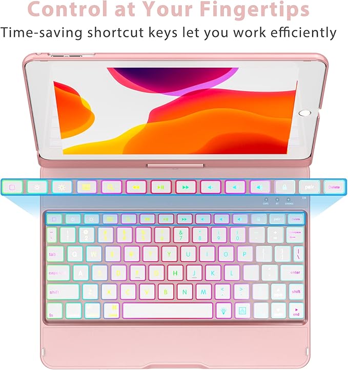 MMK for iPad 6th Generation Case with Keyboard | Compatible with iPad 5th Gen (2017) & iPad Air (1st, 2th Gen | 2013, 2014) & iPad Pro 9.7 inch (2016) | 10 Color Backlight & 360 Rotation-Rose Gold